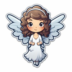 Fototapeta premium Cute angel character with curly hair and white dress, surrounded by detailed wings, in a whimsical illustration style