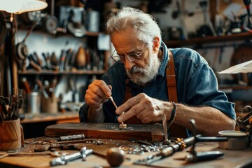 Senior jeweler making decorative rings in his workshop Shaped and polished, beautiful and luxurious, working in a jewelry maker's workshop.