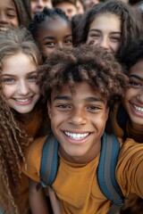 Obraz premium portrait of a group of multiracial young student people smiling taking a selfie together. Happy african american teenager laughing with his cheerful friends. Classmates on friendly, Generative AI