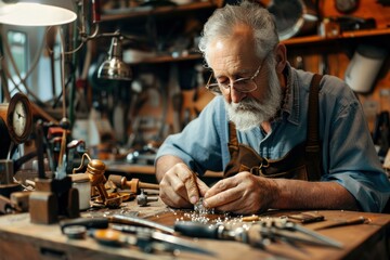 Senior jeweler making decorative rings in his workshop Shaped and polished, beautiful and luxurious, working in a jewelry maker's workshop.