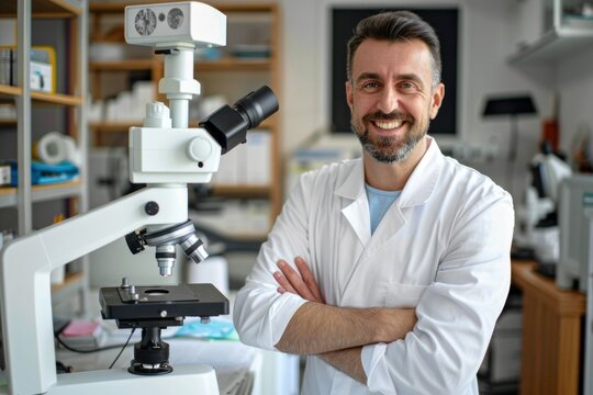 Male optometrist smiling at camera while sitting in office by optical equipment. In the eyeglass shop