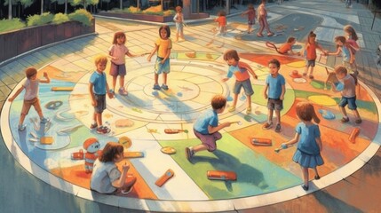 Children creating a giant chalk mural on a city sidewalk 2d cartoon, kids background