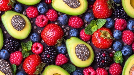 Fototapeta premium A vibrant, colorful display of superfoods like chia seeds, avocados, and berries, arranged in a visually appealing pattern