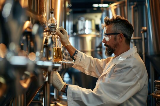 A middle-aged, talented brewery worker wearing a white coat and protective gloves controls the beer fermentation process as he works.