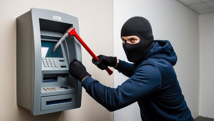 Masked thief attempting ATM robbery with crowbar