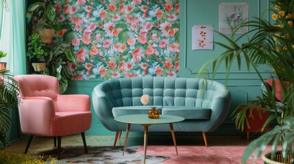 Green table with a plant between pink chair and blue sofa in floral living room with wallpaper and poster , ai