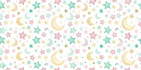 Watercolor Stars and Moons Seamless Pattern, pastel , nursery , baby , night sky
