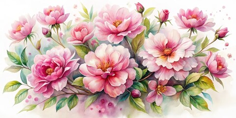 Watercolor Pink Flowers with Green Leaves, Watercolor, Botanical Illustration, Flowers, Nature, Floral Art