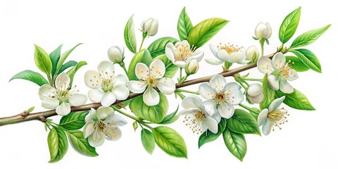 Obraz premium Watercolor Illustration of Blooming Cherry Branch, Watercolor , Botanical , Flower , Spring , Cherry Blossom