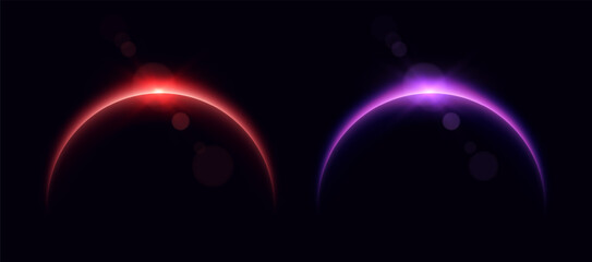 Planet eclipse, glowing flare on the horizon, sunrise over the globe. Crescent planet edge. Vector illustration