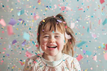 Excited young girl with Down syndrome smiles happily while standing under confetti in studio Copy area