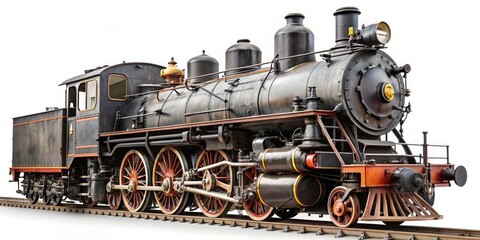 Fototapeta premium Vintage Steam Locomotive on Tracks, isolated, black and white, train, steam engine , railway , transportation