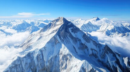 Naklejka premium Bird's eye view of Mount Everest, showcasing the sheer height and vastness of the surrounding Himalayan mountains.