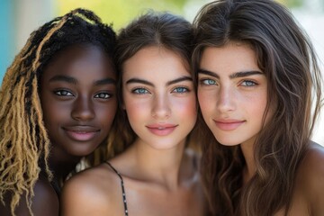 Women multiracial friends looking at camera, Generative AI