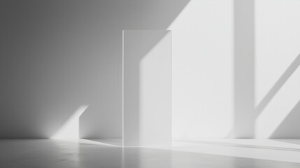 Fototapeta premium Bright interior space with sharp shadows cast by sunlight on clean white walls and a transparent panel