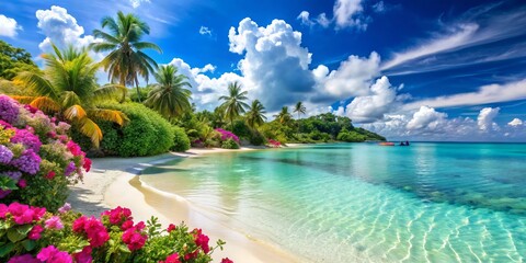 Tropical Beach Paradise with Pink Flowers, Palm Trees and Clear Blue Water, tropical, paradise, beach, vacation