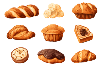 Set of various sweet breads Slices and bakery or pastries, isolated cartoon vector set of bakery products translucent background