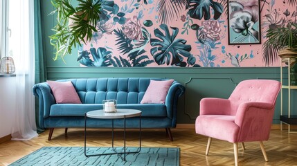 Green table with a plant between pink chair and blue sofa in floral living room with wallpaper and poster , ai