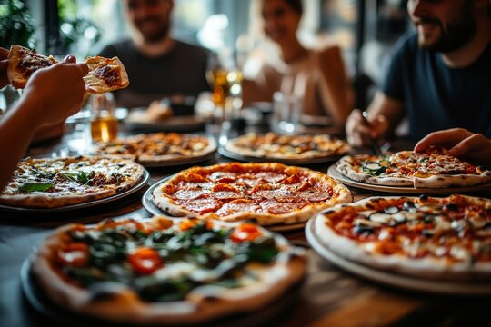 group of friends eating pizza together in restaurant, city life free time or travel and vacation, meeting friends and going out for dinner. Generative AI