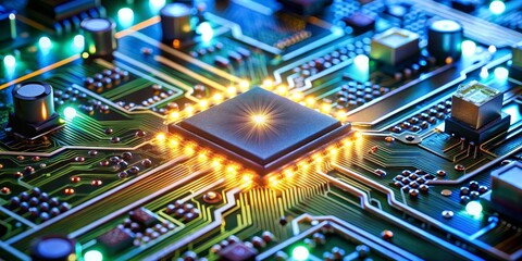 Obraz premium The Glowing Heart of Technology A Close-Up of a Circuit Board, circuit board, technology, microchip, electronics