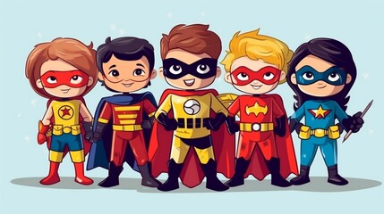 Children dressed up in superhero costumes, ready for action cartoon 2d, kids