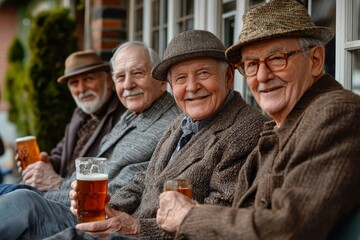 a group of elderly senior men best friends sitting together having a beer, buddies forever, Generative AI