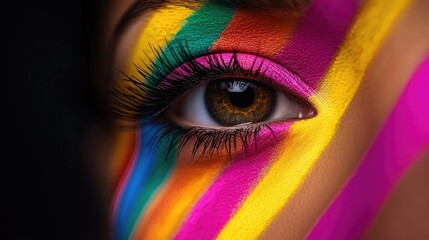 A close-up of a colorful eye featuring vibrant paint strokes across the face, blending art and beauty in a striking display.