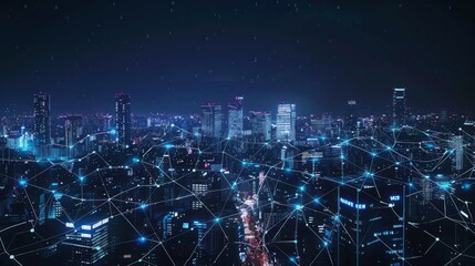 The city lights sparkle against the night sky, with a web of luminous connections overlaying towering buildings, illustrating the pulse of urban life and technological innovation