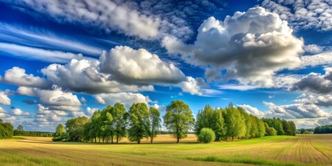 Fototapeta premium Summer Landscape with Fluffy Clouds and Trees, nature , scenery , field , summer