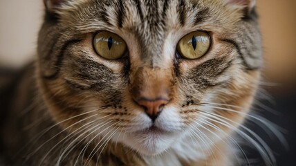 Close-Up of a Tabby Cat Staring Directly at the Camera, Capturing Its Engaging Expression