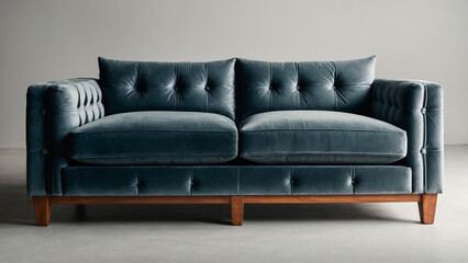 soft empty blue double-seat sofa stands on a white isolated background, comfortable fabric couch is alone against the background of a white wall