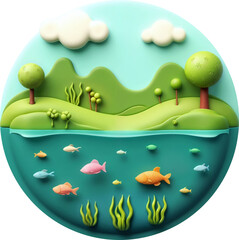 Illustration with 3D diorama of natural landscape with lake, colorful fish and green hills under blue sky with clouds. Isolated on transparent background.
