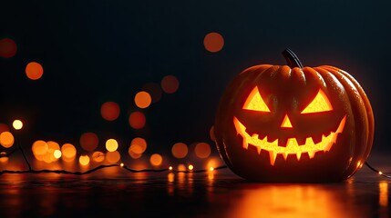 A spooky Halloween pumpkin with a bright grin, illuminated against a dark background, perfect for festive decor and seasonal themes.