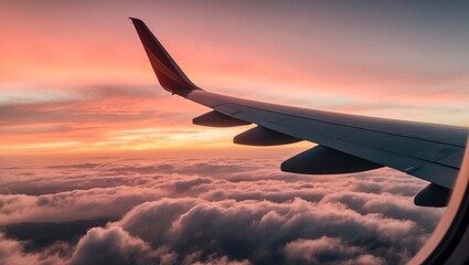 Fototapeta premium Airplane wing above clouds at sunset