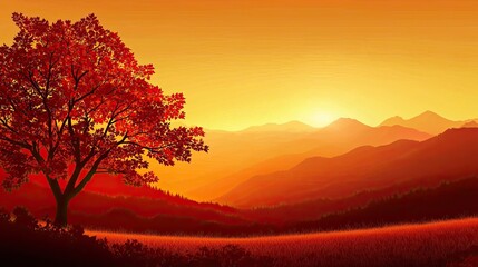A stunning sunset landscape featuring vibrant orange hues, silhouetted mountains, and a solitary red tree.