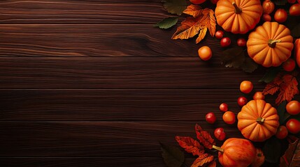 A vibrant autumn scene featuring pumpkins, leaves, and berries arranged on rustic wooden background, perfect for seasonal themes.