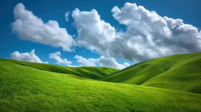 Fluffy, white clouds slowly drifting between rolling, lush green hills under a bright blue sky. The hills are covered with vibrant green grass, creating a serene and peaceful landscape.