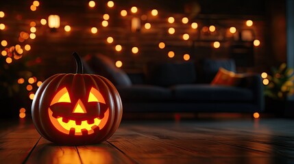 Obraz premium A warm and cozy Halloween scene featuring a glowing jack-o'-lantern and festive string lights in a welcoming interior.
