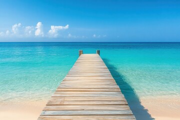 Fototapeta premium A tranquil pier extending into the crystal clear turquoise ocean under a bright blue sky.