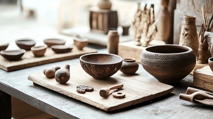 A collection of handcrafted pottery displayed on a rustic wooden table, showcasing unique designs and artisanal craftsmanship.