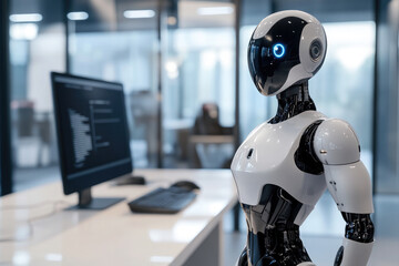 A confident humanoid robot in a modern office with an advanced data display, symbolizing futuristic innovation and automation in business and technology. The cityscape is visible through the window.