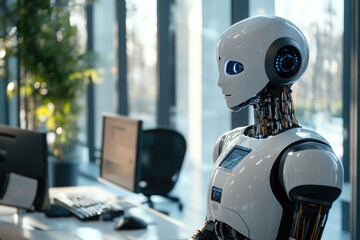 Fototapeta premium A confident humanoid robot in a modern office with an advanced data display, symbolizing futuristic innovation and automation in business and technology. The cityscape is visible through the window.