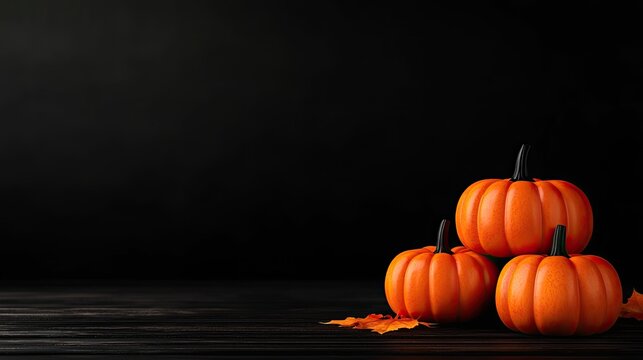 Three vibrant pumpkins stacked against a dark background, perfect for autumn and Halloween-themed projects.