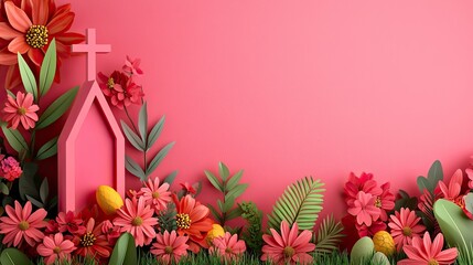 Obraz premium Vibrant floral arrangement with a pink church silhouette, perfect for Easter or spring celebrations.