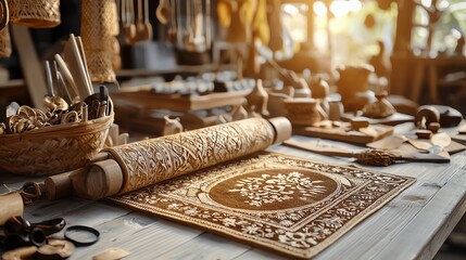 Close-up of intricate wood carving tools on artisan workspace, showcasing detailed craftsmanship and warm natural lighting.