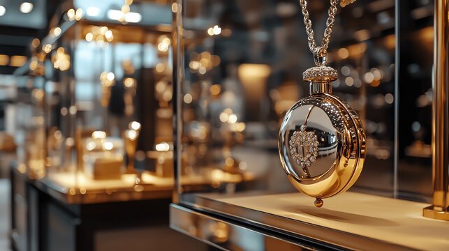 Close-up of an elegant pocket watch displayed in a luxury showcase, showcasing exquisite craftsmanship and timeless design.