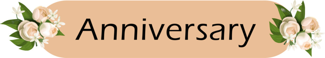 Happy anniversary with rose flower and Sticker with round line shape with wedding color elements with golden rose vector in the white background.