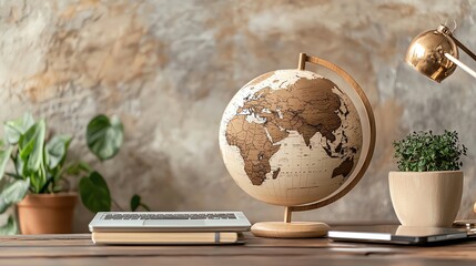 Elegant wooden globe on a desk with greenery, laptop, and stylish lamp, perfect for workspace decor and inspiration.