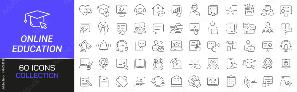 Poster online education line icons collection. thin outline icons pack. ui icon collection. set of line web