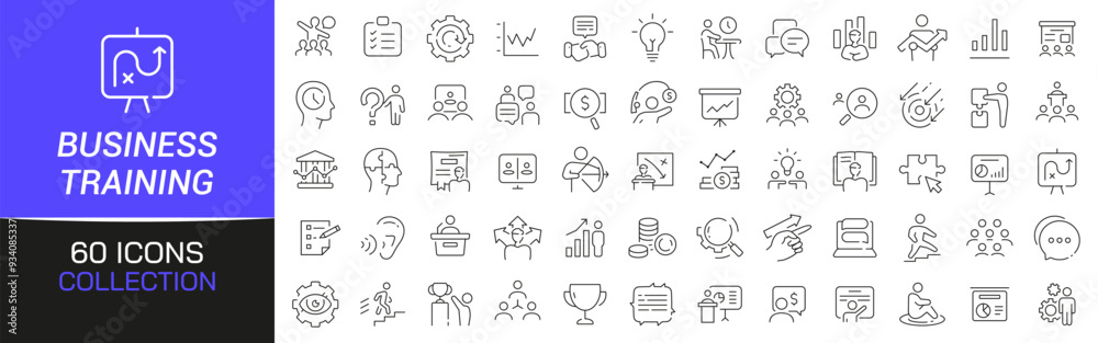 Poster business training line icons collection. thin outline icons pack. ui icon collection. set of line we